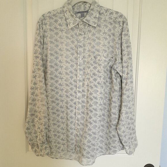 Martin Gordon Linen Long Sleeve Button Up Shirt White Blue & Black Print Size L - Picture 11 of 11